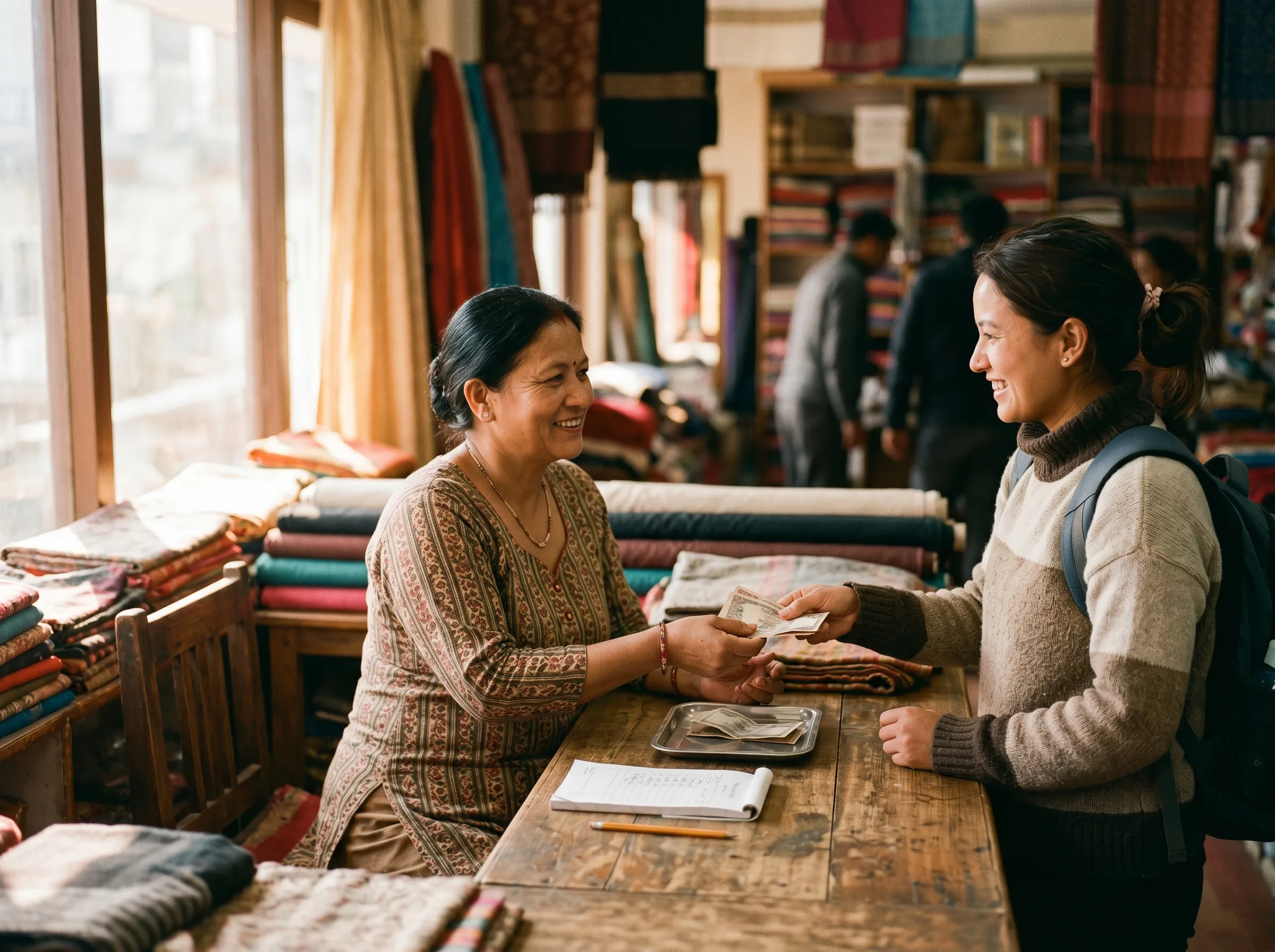 A Nepali shopkeeper and a customer completing a purchase at a textile counter in warm light.